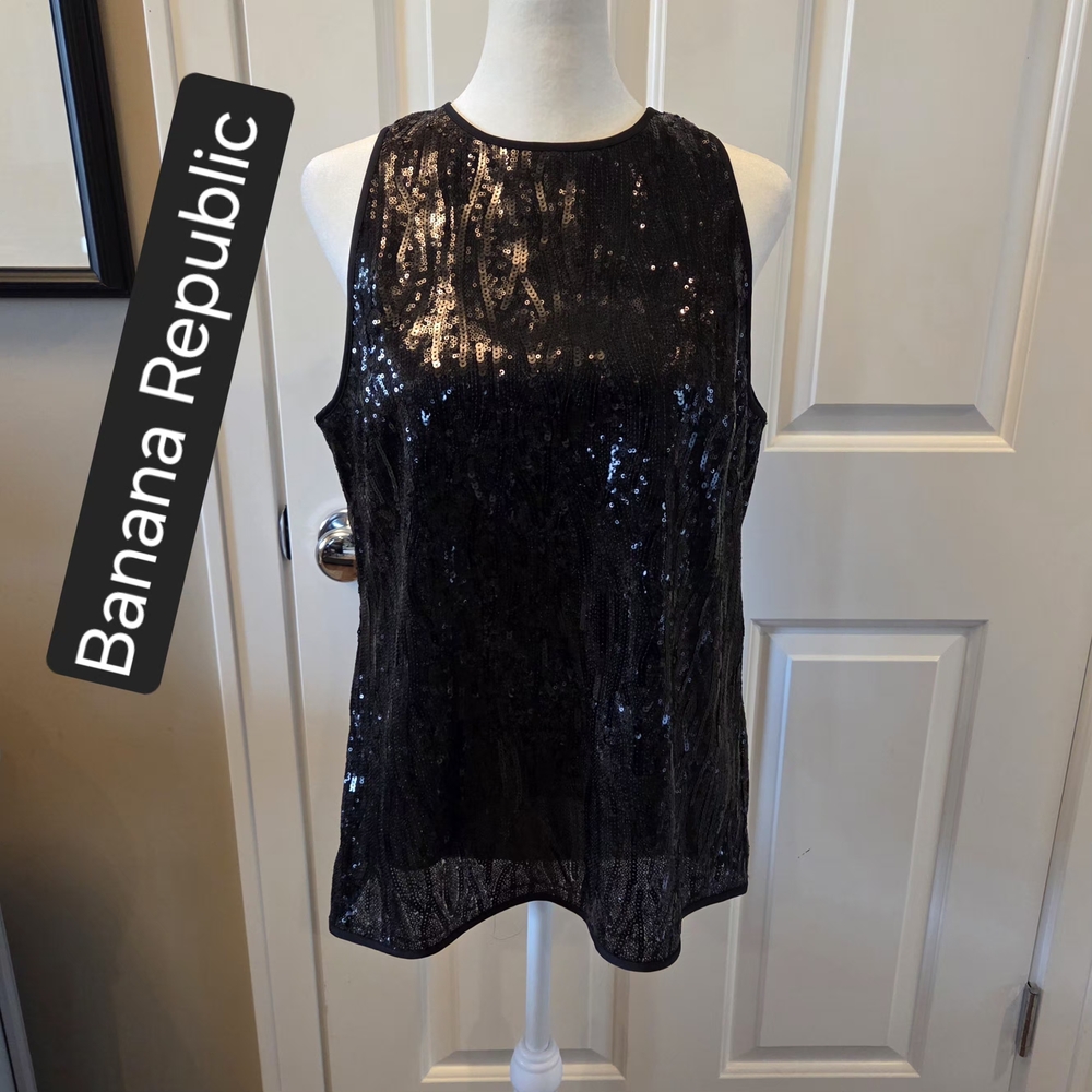 Banana Republic Black Sequin Tank Top Sleeveless Shimmery Womens 8 Chic Glamour